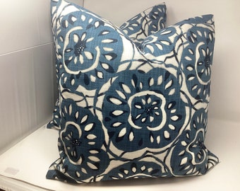 Modern Floral Designer Pillow Cover Set - Richloom Platinum Collection “Inaki” Fabric - Blue/ White Slub Weave Cotton- 20x20 Covers