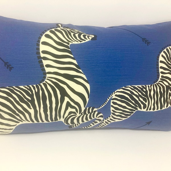 Iconic Accent Pillow Cover - Scalamandre “Zebras” print design fabric - Blue/ Black/ White - 14x24 Lumbar Cover