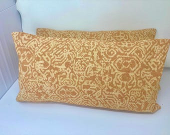 Pair of Unique Designer Lumbar Covers - Subtle Ethnic Design Print - Cinnamon/ Beige - 12x22 Covers