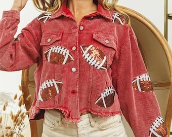 Blue, Black, Red or Cream, or Green Corduroy Sequin Football Patch Jacket