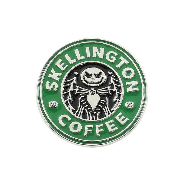 Skellington Coffee Enamel Pin. Pin displays your caffeinated status. Great for lapels, badges, totes, hats & backpacks etc.