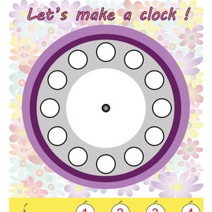 Puede incluir: Una actividad de manualidades de reloj imprimible para niños. La imagen muestra una esfera de reloj con 12 círculos en blanco para los números, un punto central y dos manecillas de reloj. Los números del 1 al 12 se muestran en círculos rojos debajo de la esfera del reloj.