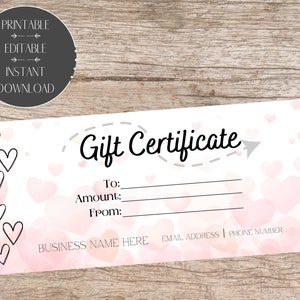 Valentines Heart Business Editable Gift Certificate Gift Voucher Instant Download Printable