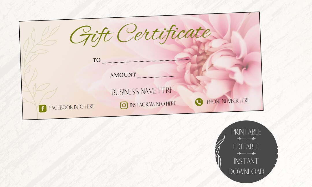 Editable Delicate Flower Gift Certificate Printable Template Etsy