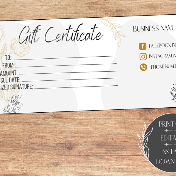 Printable Editable Gift Certificate Template Instant Download Gold Flower Simple Design