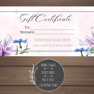 Hermoso certificado de regalo floral editable PDF imprimible Vale de regalo moderno Idea flores