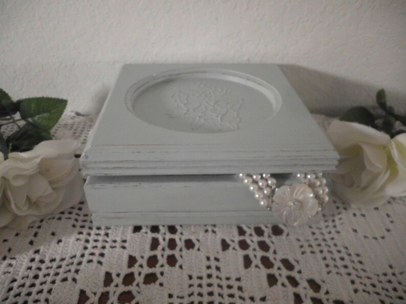 Grey Jewelry Box Up Cycled Vintage Wood Shabby Chic Distressed Trinket Storage Organizer Paris French Country Cottage Home Decor Gift Her