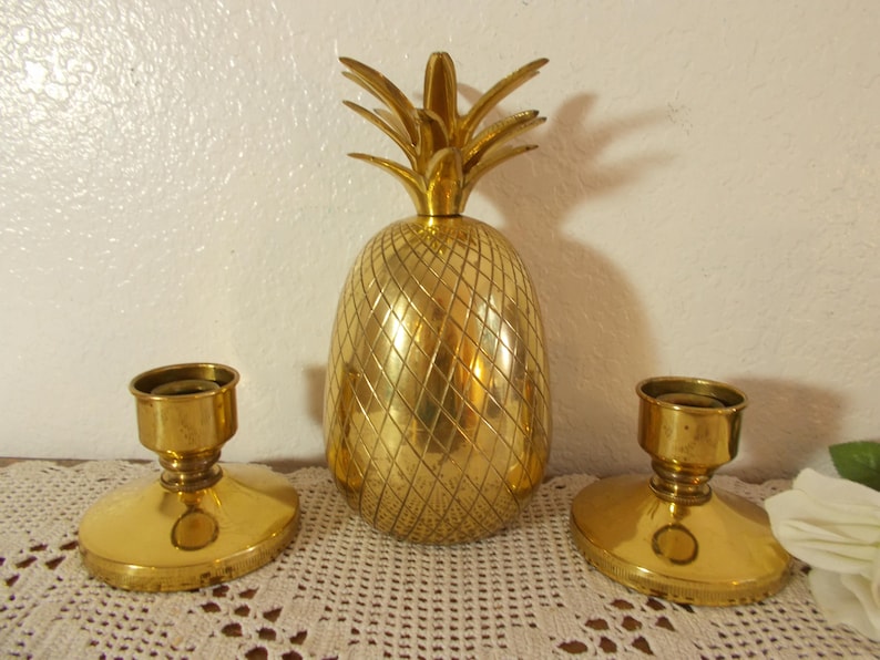 Vintage Gold Brass Pineapple Taper Candle Holder Set Fall Autumn Mantle Window Table Decoration Mid Century Retro Home Decor