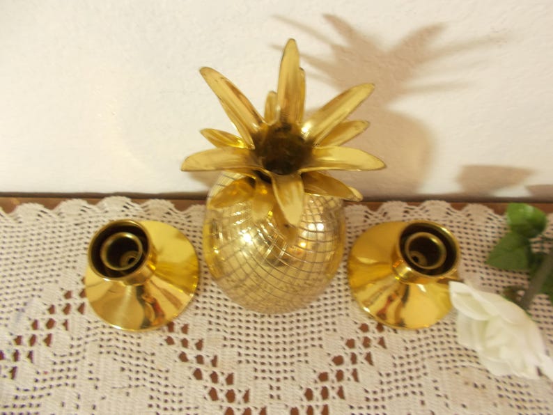 Vintage Gold Brass Pineapple Taper Candle Holder Set Fall Autumn Mantle Window Table Decoration Mid Century Retro Home Decor