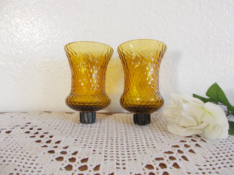 Vintage Amber Glass Candle Holder Pair Set Two Pillar Votive Etsy