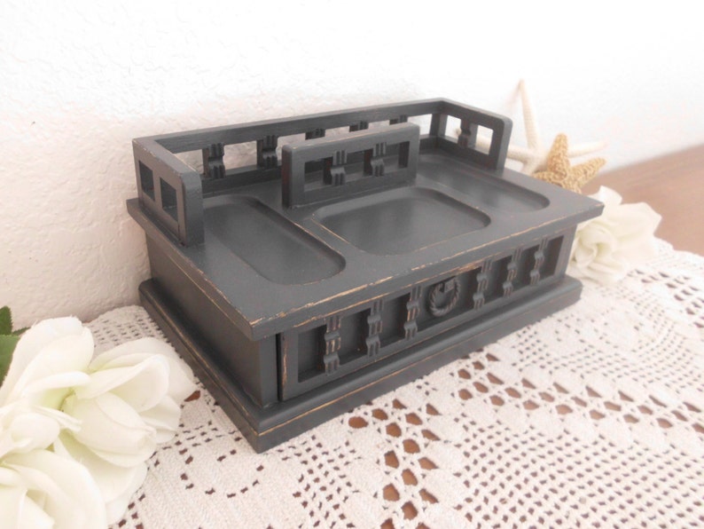 Dark Navy Blue Grey Jewelry Box Cell Phone Tablet Stand Vintage Wood Rustic Shabby Chic Distressed Storage Organizer Birthday Gift Him Her