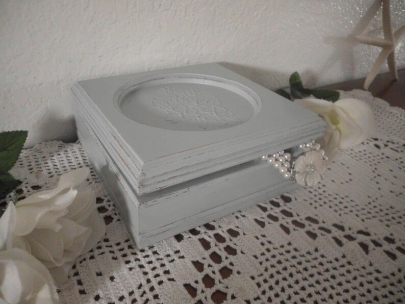 Grey Jewelry Box Up Cycled Vintage Wood Shabby Chic Distressed Trinket Storage Organizer Paris French Country Cottage Home Decor Gift Her