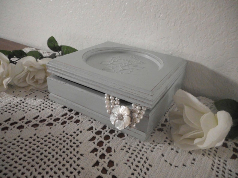 Grey Jewelry Box Up Cycled Vintage Wood Shabby Chic Distressed Trinket Storage Organizer Paris French Country Cottage Home Decor Gift Her