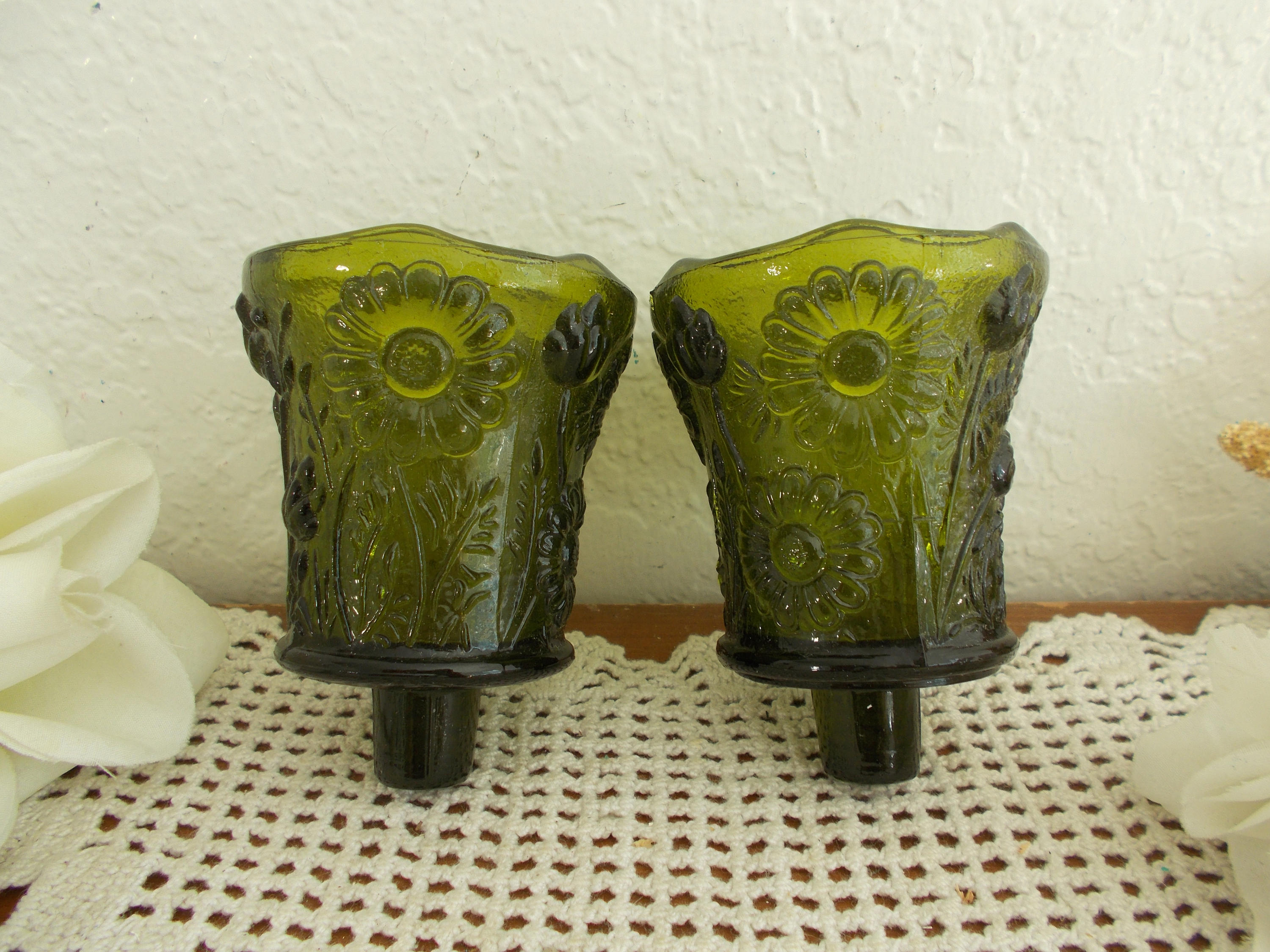 Vintage Dark Green Floral Candle Holder Set Small Pillar Etsy