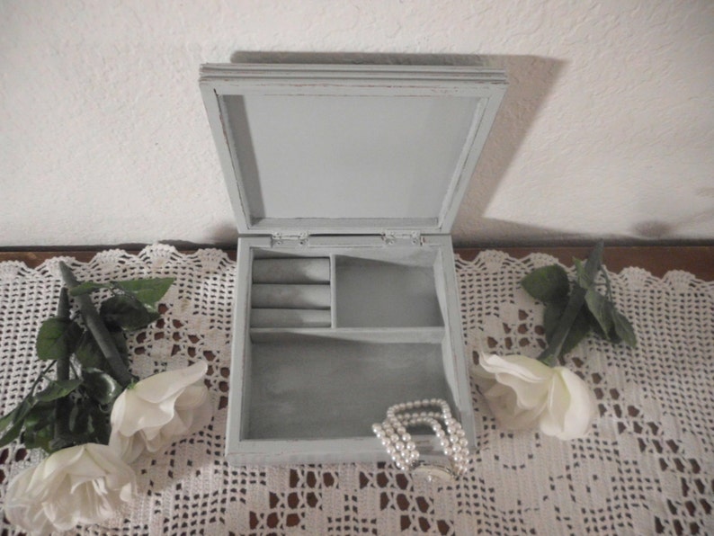 Grey Jewelry Box Up Cycled Vintage Wood Shabby Chic Distressed Trinket Storage Organizer Paris French Country Cottage Home Decor Gift Her