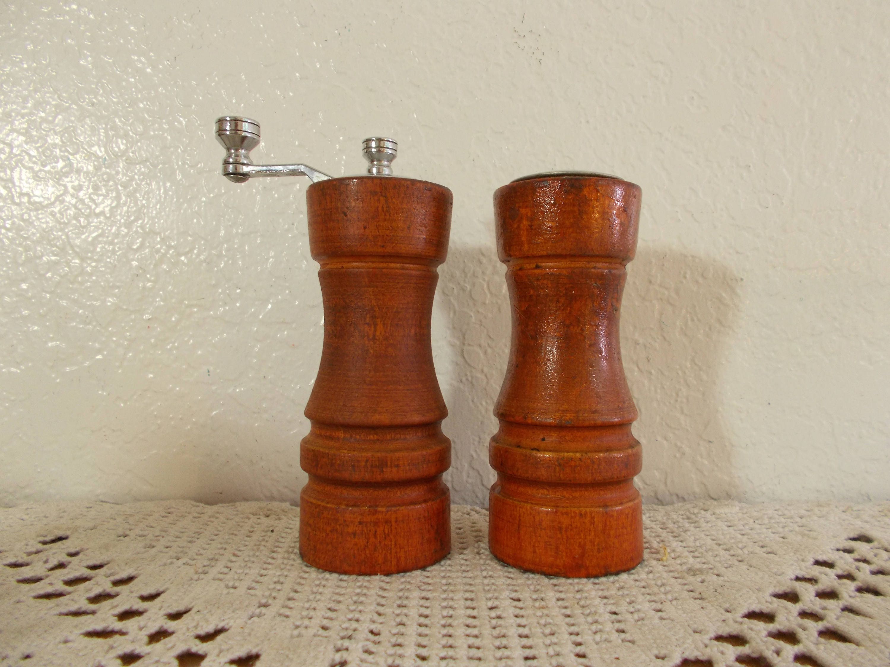 Vintage Wood Pepper Mill Grinder & Salt Shaker Set Mid Century Etsy