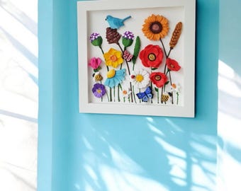 3D Floral Wall Art: Handmade Ceramic Flowers & Bird, Wooden Frame