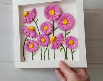 3D Ceramic Flower Wall Art, Handmade Pink Daisy Wood Frame