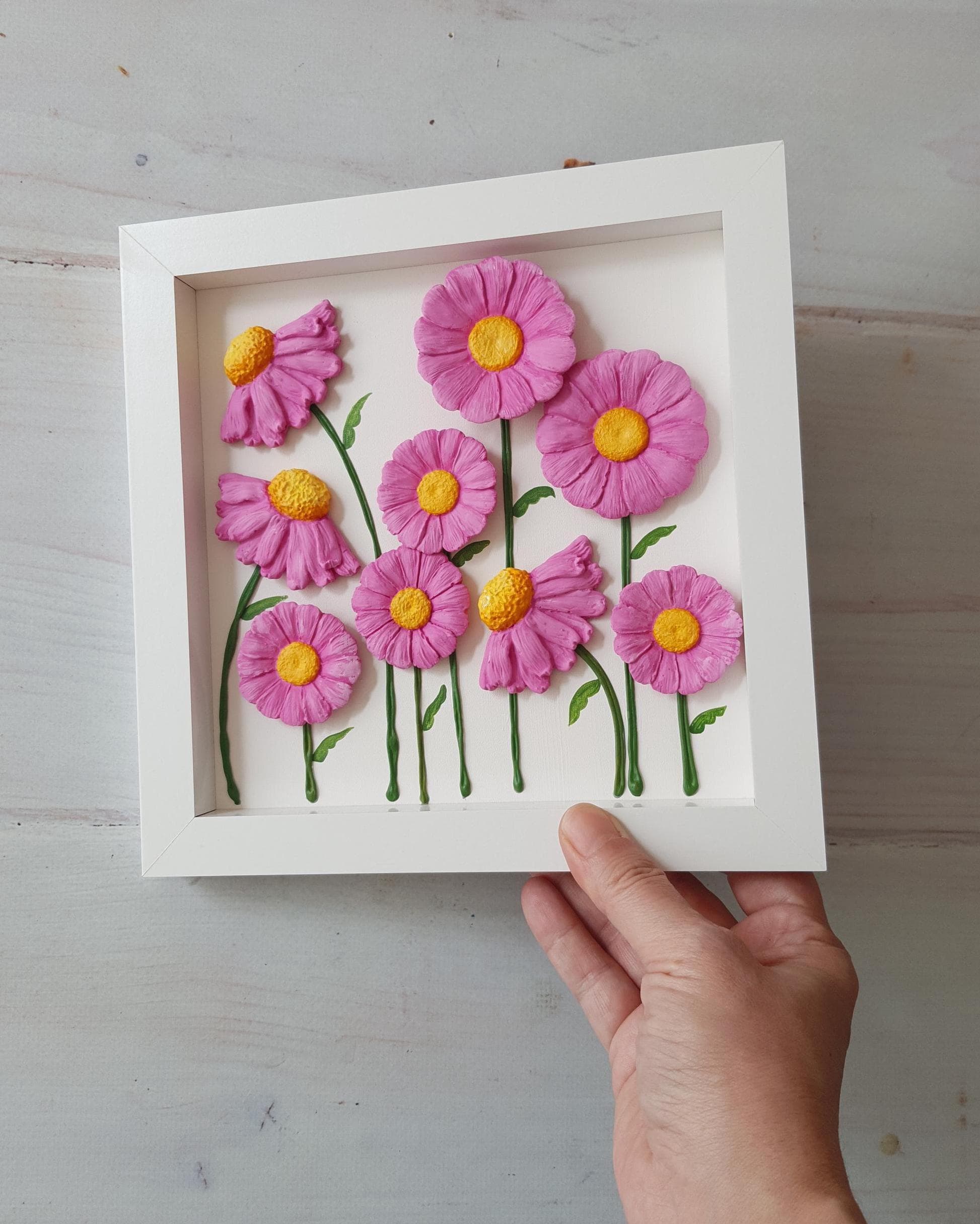 3D Ceramic Flower Wall Art, Handmade Pink Daisy Wood Frame