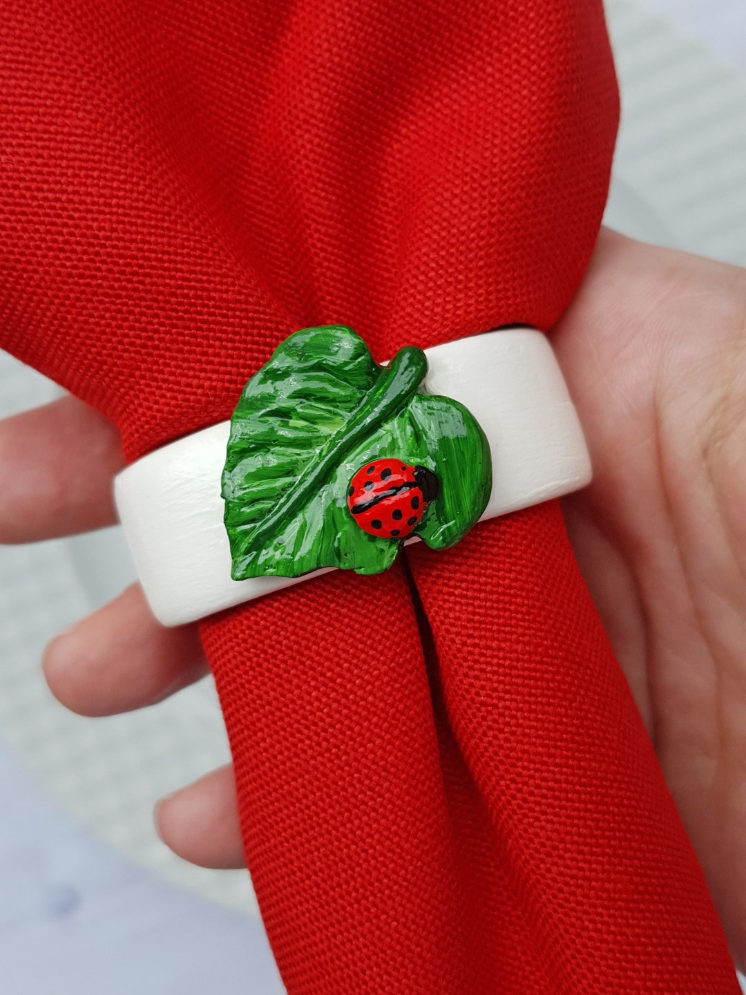 Handmade Ladybug Napkin Rings: Ceramic Leaf, Farmhouse Table Decor - Etsy