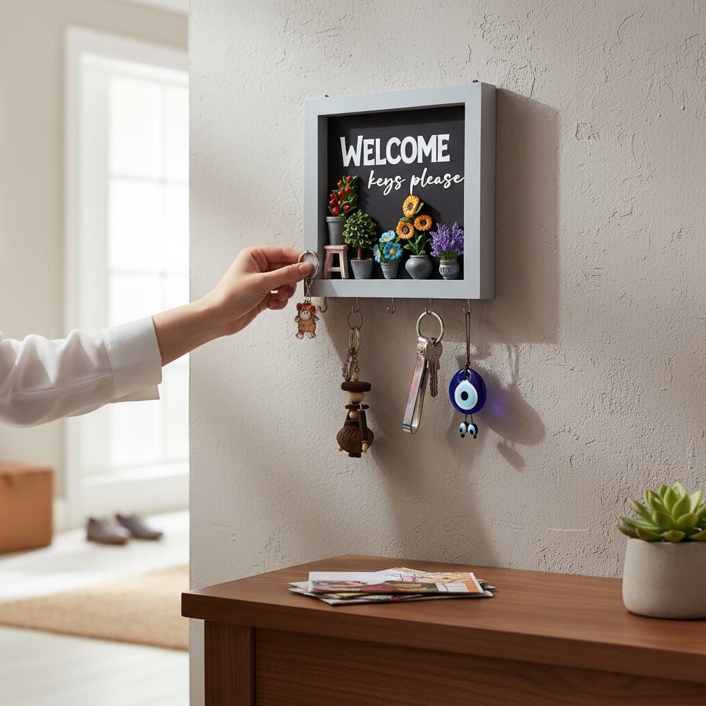 Welcome Keys Please Text Key Holder: Floral Entryway Organizer