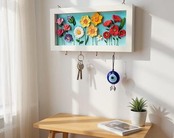Colorful Floral Wall Key Holder: 3D Painting Flowers, Entryway Wall Organizer