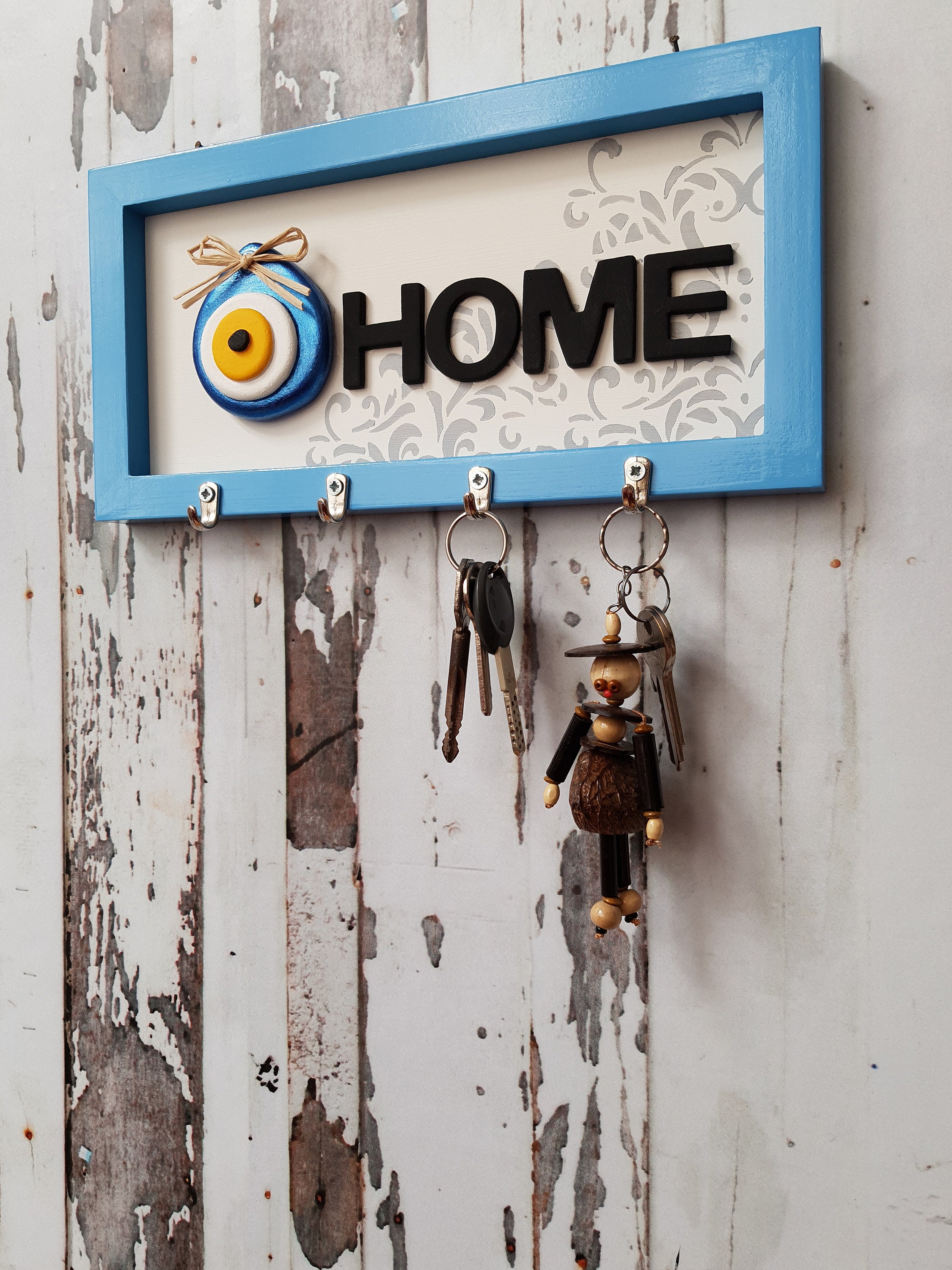 Key Holder for Wall With Evil Eye / Wooden Blue Deep Frame Key Etsy