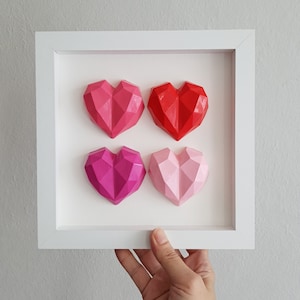 3D hart kunst aan de muur, handgemaakt diamantgeslepen gips decor, moderne pop-art schaduwdoos, roze rood hart ingelijste sculptuur, uniek jubileumcadeau