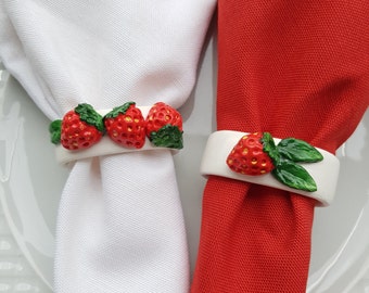 Strawberry Fruit Napkin Rings, Red Fruits Handmade Napkin Rings, Summer Table Decor, Ceramic Clay Napkin Rings, Handkerchief Holder Set