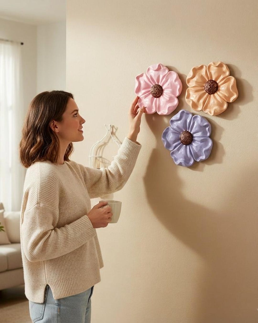 3D Concrete Flower Wall Art Glossy Floral Sculpture Pastel Nursery