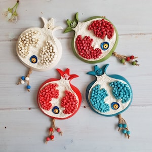 Stoneware Large Pomegranate with Evil Eye Wall Hanging, Hand Painted Pomegranate Ornament, Turkish Traditional Wedding Gift, *Ready to Ship