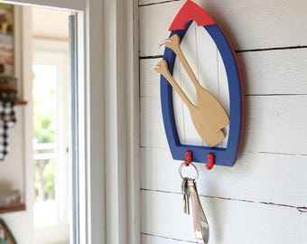 Handmade Nautical Boat Key Holder with Oar Decor: Coastal Wall Rack
