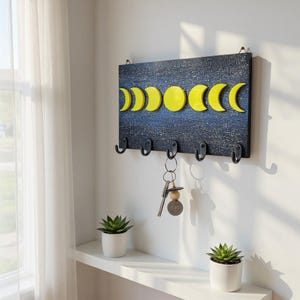 Moon Phase Key Holder: Starry Night Sky Wall Hanger, Fluorescent Lunar Art