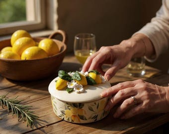 Ceramic Lemon Trinket Box With Lid, 3D Lemon Blossom Pottery