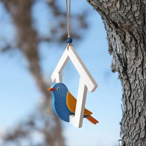 Blue Bird Hanging Ornament: Wooden Swing, Baby Room Decor