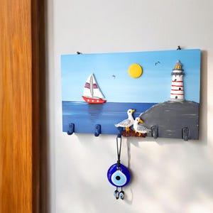 Handmade Nautical Key Holder: Beach House Decor with Sailboat & Lighthouse