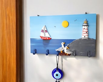 Handmade Nautical Key Holder: Beach House Decor with Sailboat & Lighthouse