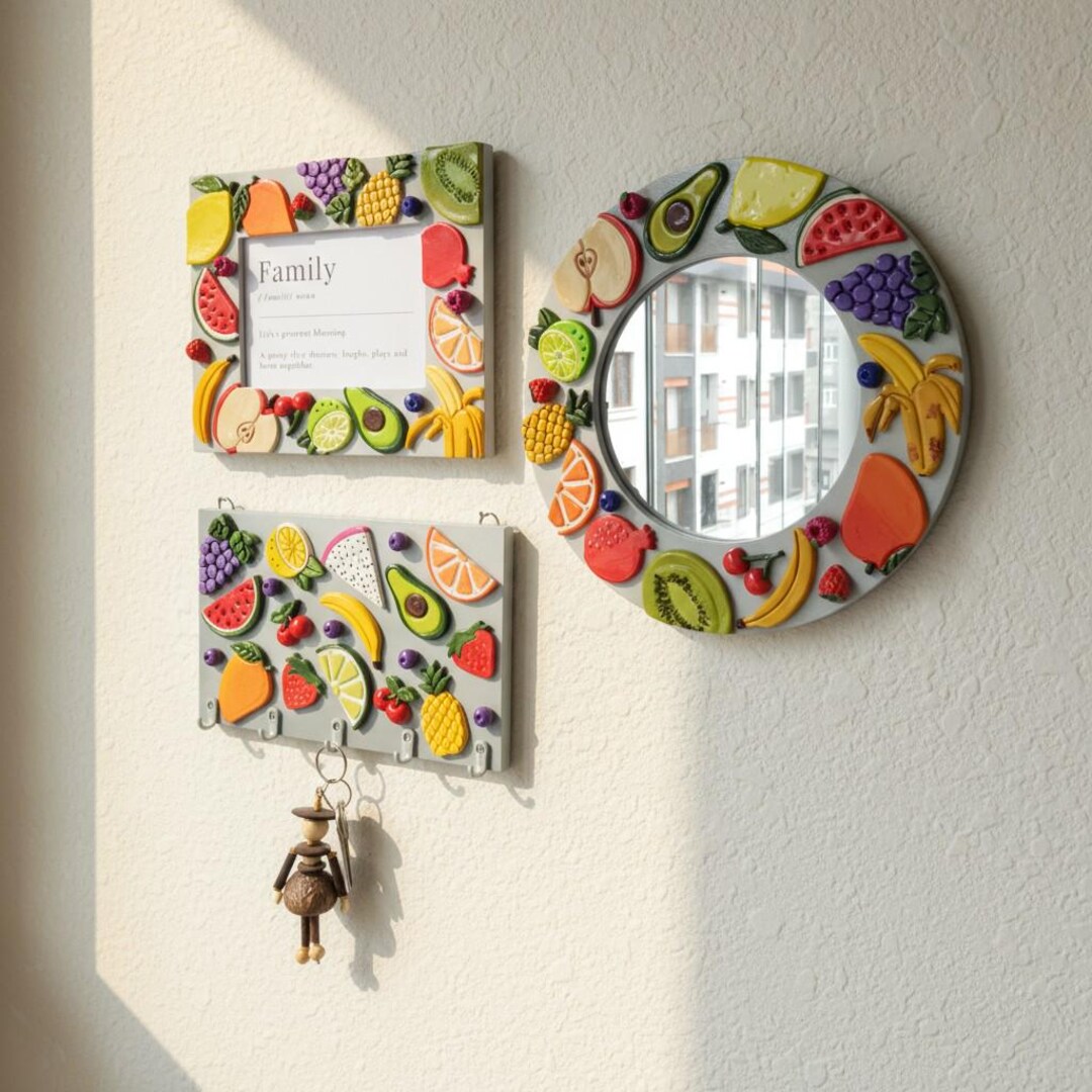 Fruit Key Rack Colorful Fruits Ceramic Wall Decor Set – Handmade Fun Mirror, Frame ...