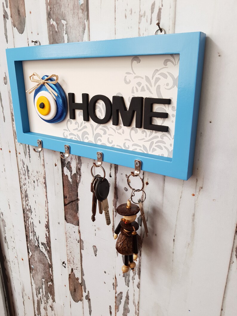 Key Holder for Wall With Evil Eye / Wooden Blue Deep Frame Key Etsy