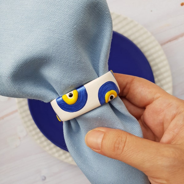 Modern Handpainted Evil Eye Napkin Ring Set, Stoneware Blue White Napkin Rings, Wedding Table Decor, Concrete Napkin Rings with Evil Eye Art