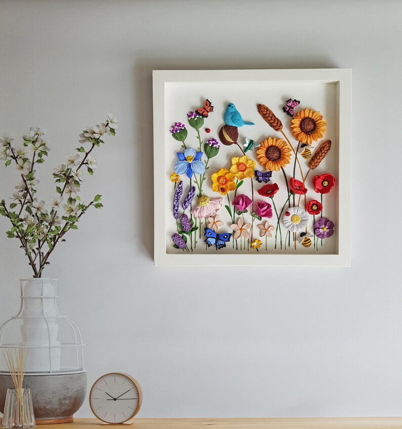 Floral Sculpture 3D Wall Art / Colorful Flowers With Bird 3D - Etsy