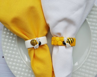Honey Bee Napkin Rings, Yellow Honeycomb Napkin Rings, Bumble Bee Napkin Rings, Bee Table Decor, Handkerchief Holder Set