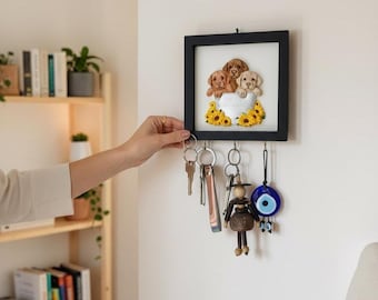 Dog Key Holder for Wall, Golden Retriever Entryway Organizer Rack, Labrador Puppy Ceramic Art 6x6 Wood Frame, Personalized Dog Mom Gift