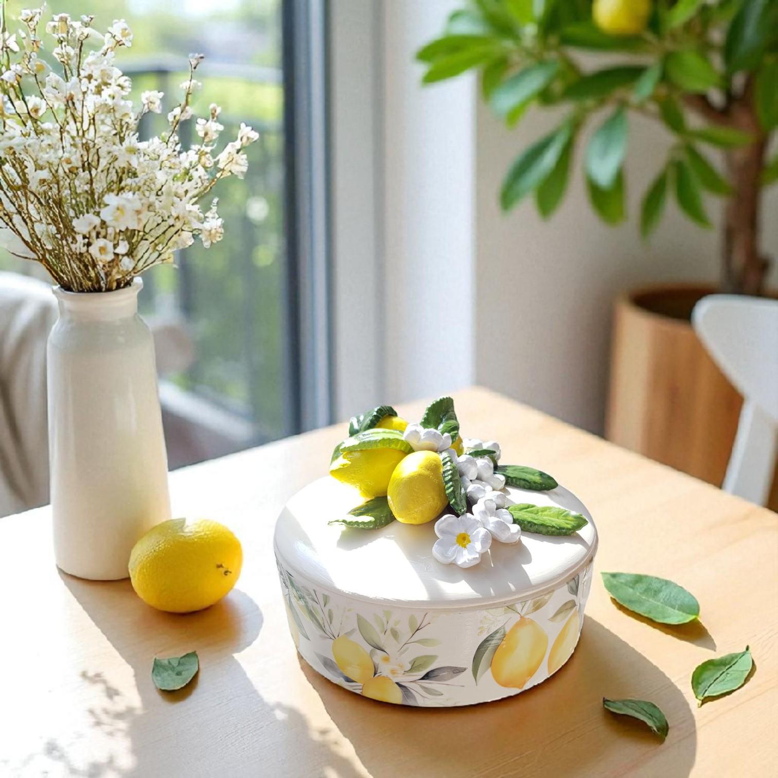 Ceramic Lemon Trinket Box With Lid, 3D Lemon Blossom Pottery