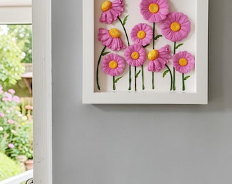 3D Ceramic Flower Wall Art, Handmade Pink Daisy Wood Frame