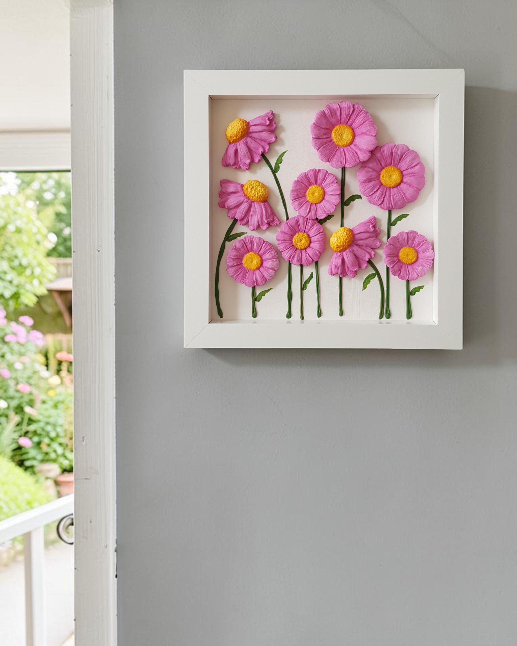 3D Ceramic Flower Wall Art, Handmade Pink Daisy Wood Frame