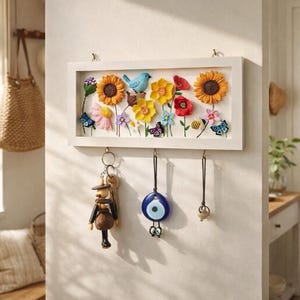 Sleutelhouder met kleurrijke bloemen voor aan de muur, houten schaduwdoos halorganizer, cottagecore woondecoratie