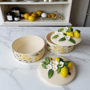 Ceramic Lemon Trinket Box with Lid, 3D Lemon Blossom Pottery, Citrus Kitchen Decor