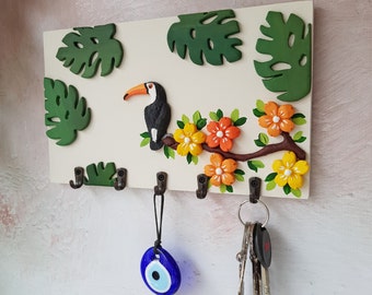 Toucan Key Holder: Tropical Monstera Leaf Entryway Organizer