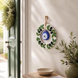 8" Evil Eye Wall Decor, Stone Cast Olive Wreath Nazar Amulet, Hand Painted Greek Wall Art, Mediterranean Home Gift, Protection Wall Sign